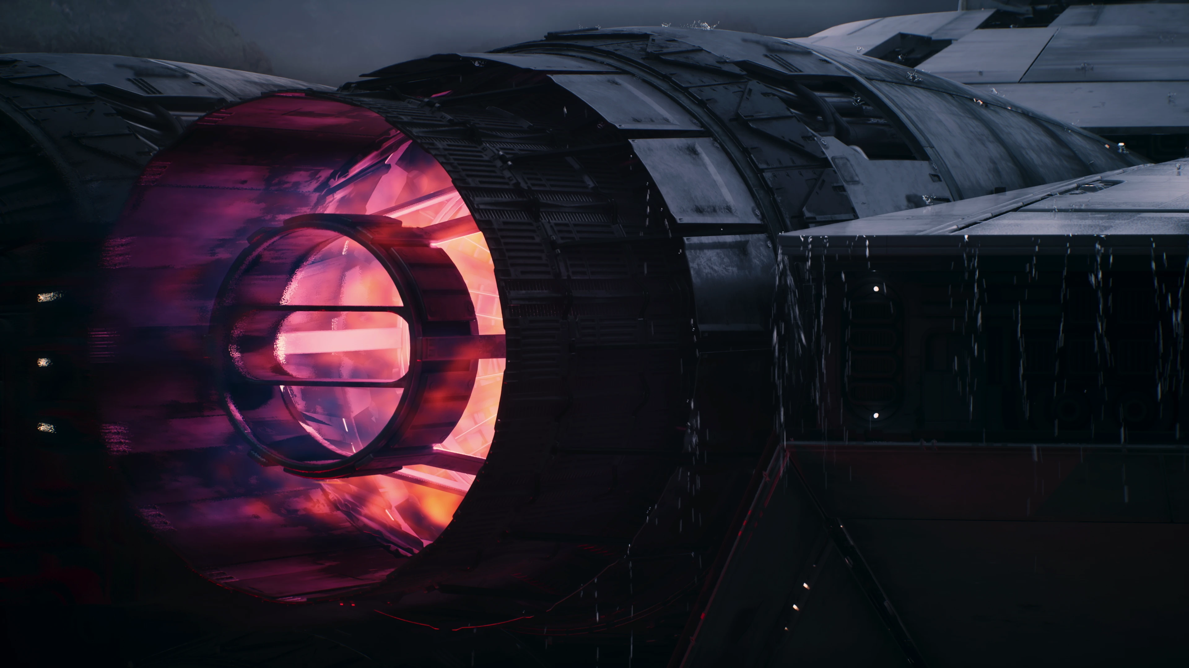 Close-up of a spaceship engine glowing with pink and orange light, with water droplets on the surface nearby.