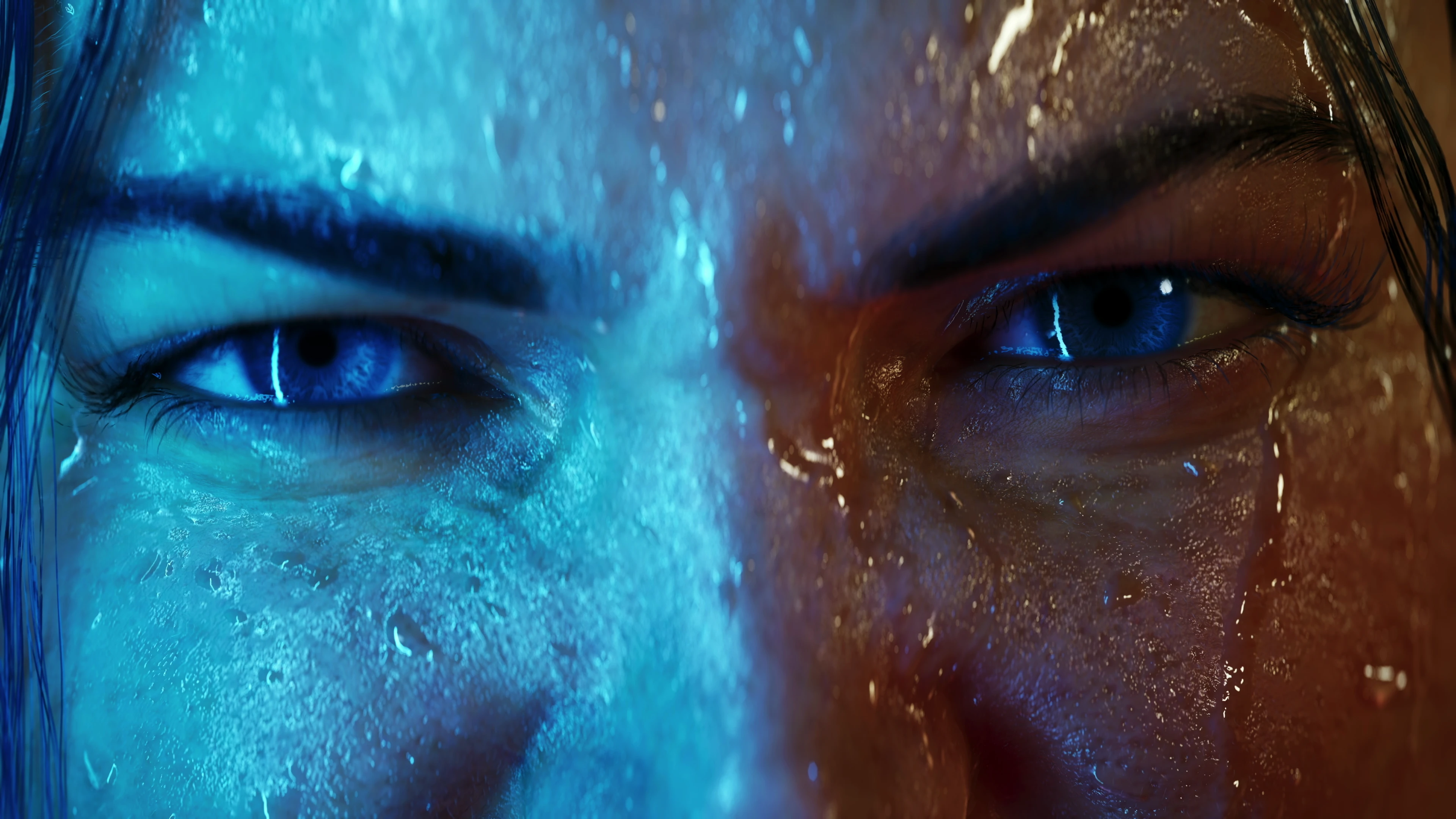 Close-up of a person's face with intense blue eyes and wet skin illuminated by contrasting blue and warm light.