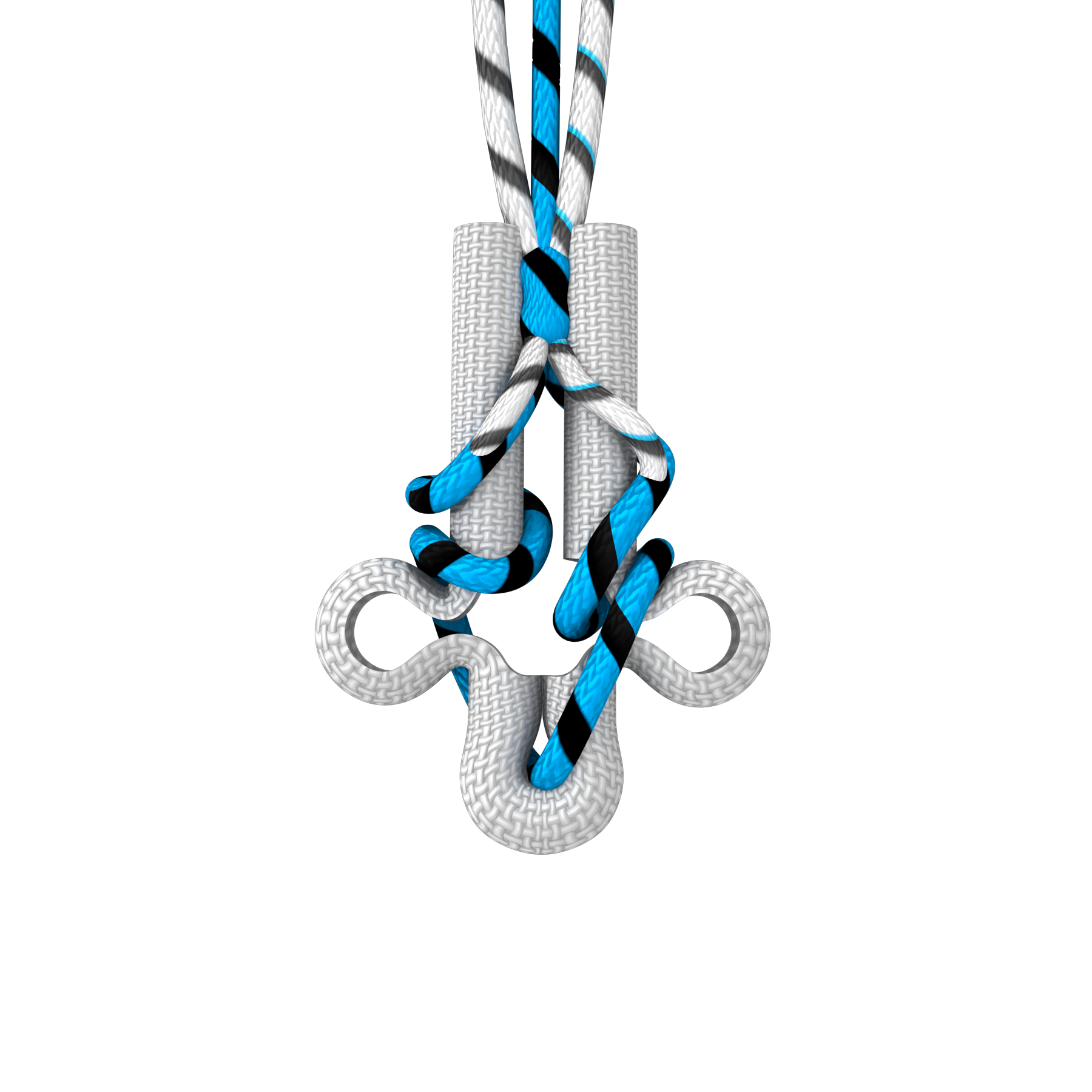 Close-up of a knotless suture system with blue and white braided threads inserted through textured white anchors on a black background.