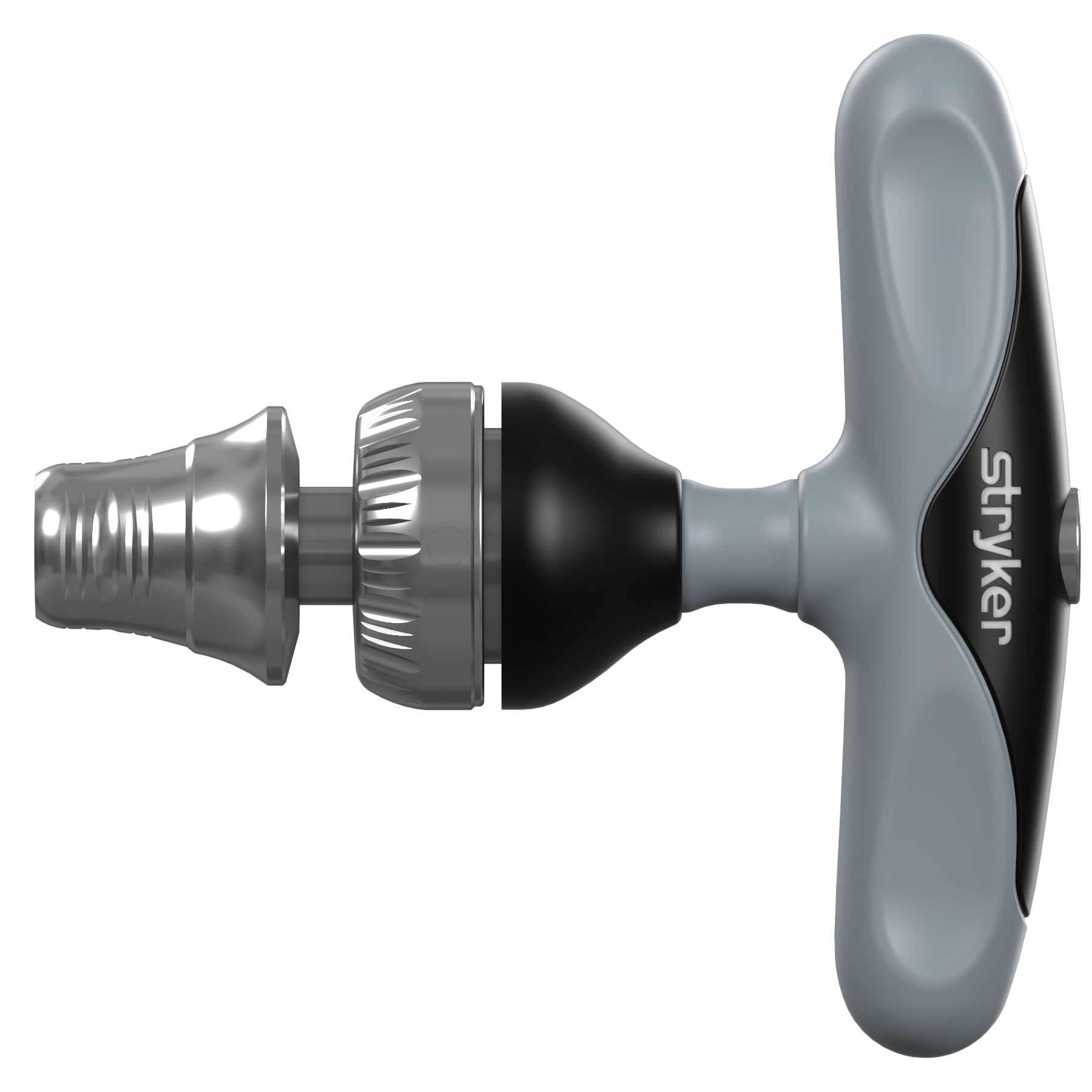 Stryker surgical instrument with a gray handle and metallic rotating head.