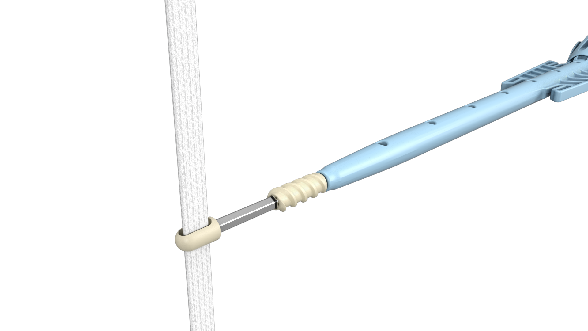 Close-up of a blue surgical tool with a white textured band looped through a beige clip attached to the tool.