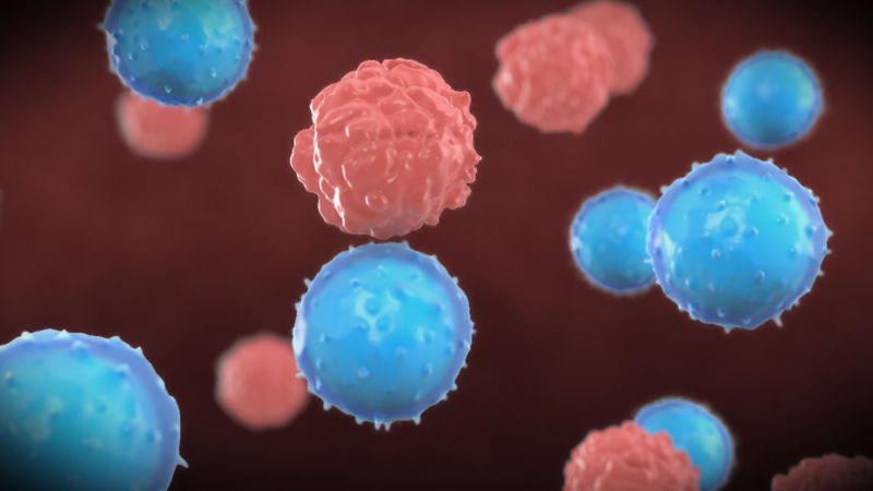 CAR-T cell therapy: blue engineered T cells and red tumour cells suspended in circulation
