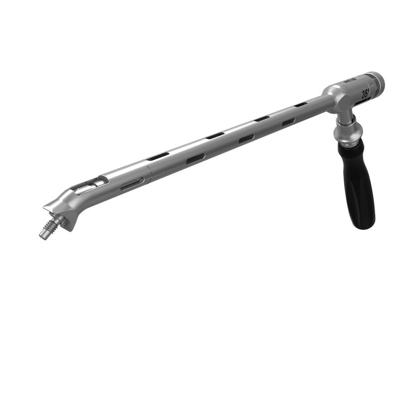 Cannulated surgical drill guide with a long chrome shaft and a black offset handle