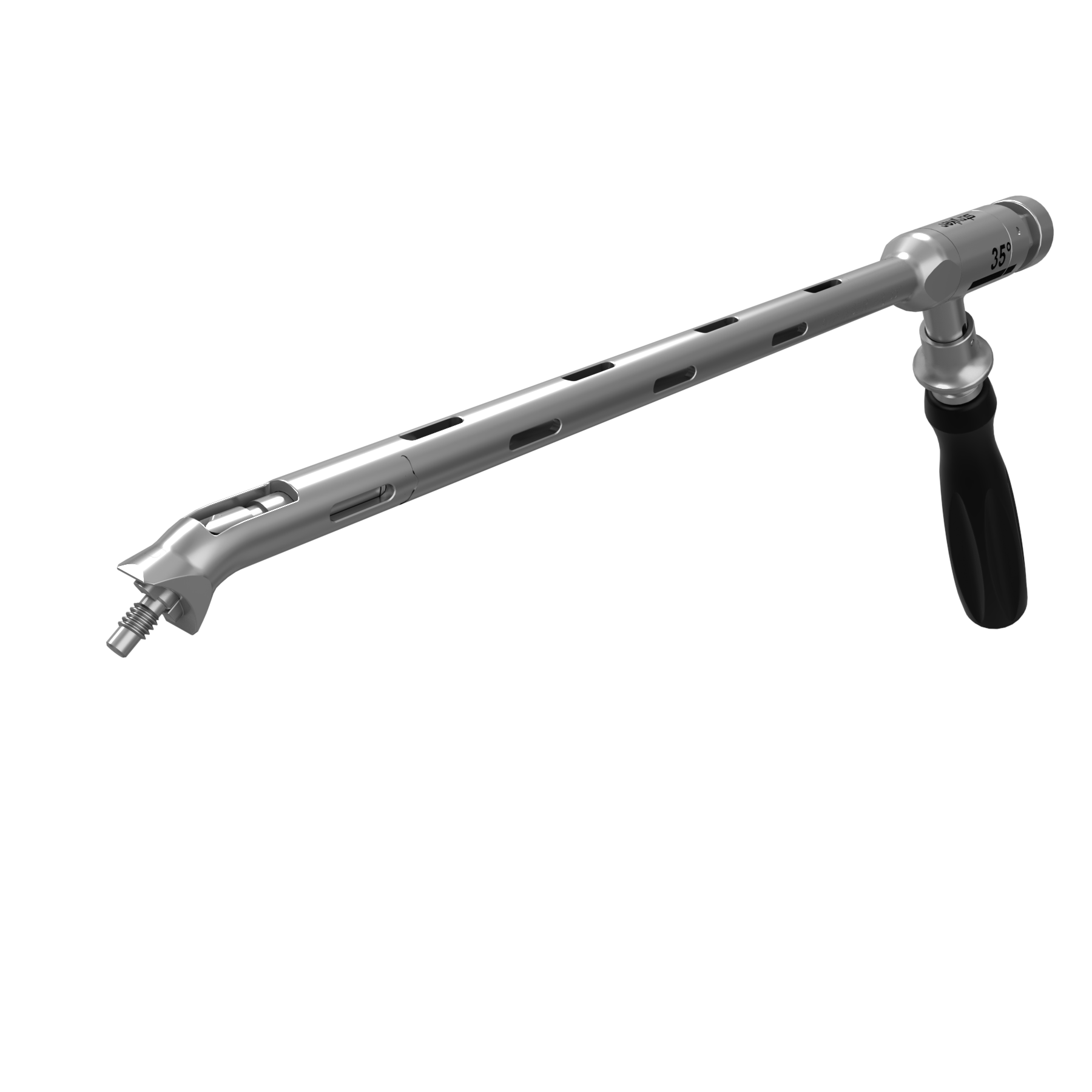 Long silver medical instrument with multiple oval openings and a black handle, marked 35° near the angled end.