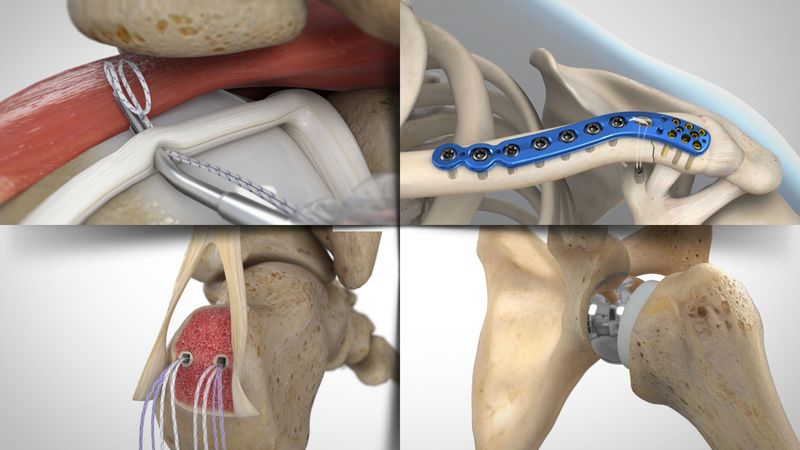 Montage of four animation stills: vessel work, clavicle plating, shoulder repair and hip joint