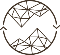 Circular logo with geometric mountain-like shapes and two arrows forming a circle around the edge.