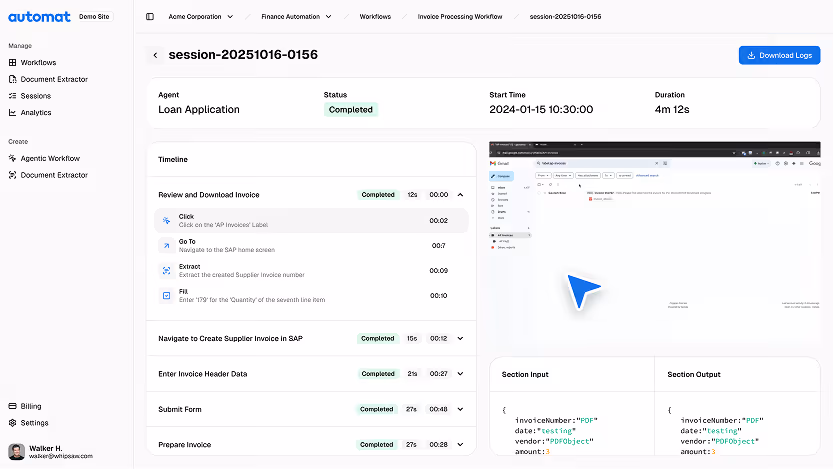 Dashboard of an automation platform showing session details for a completed Loan Application process, including timeline steps, start time, duration, and JSON input/output data.