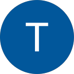 White capital letter T centered on a blue circular background.