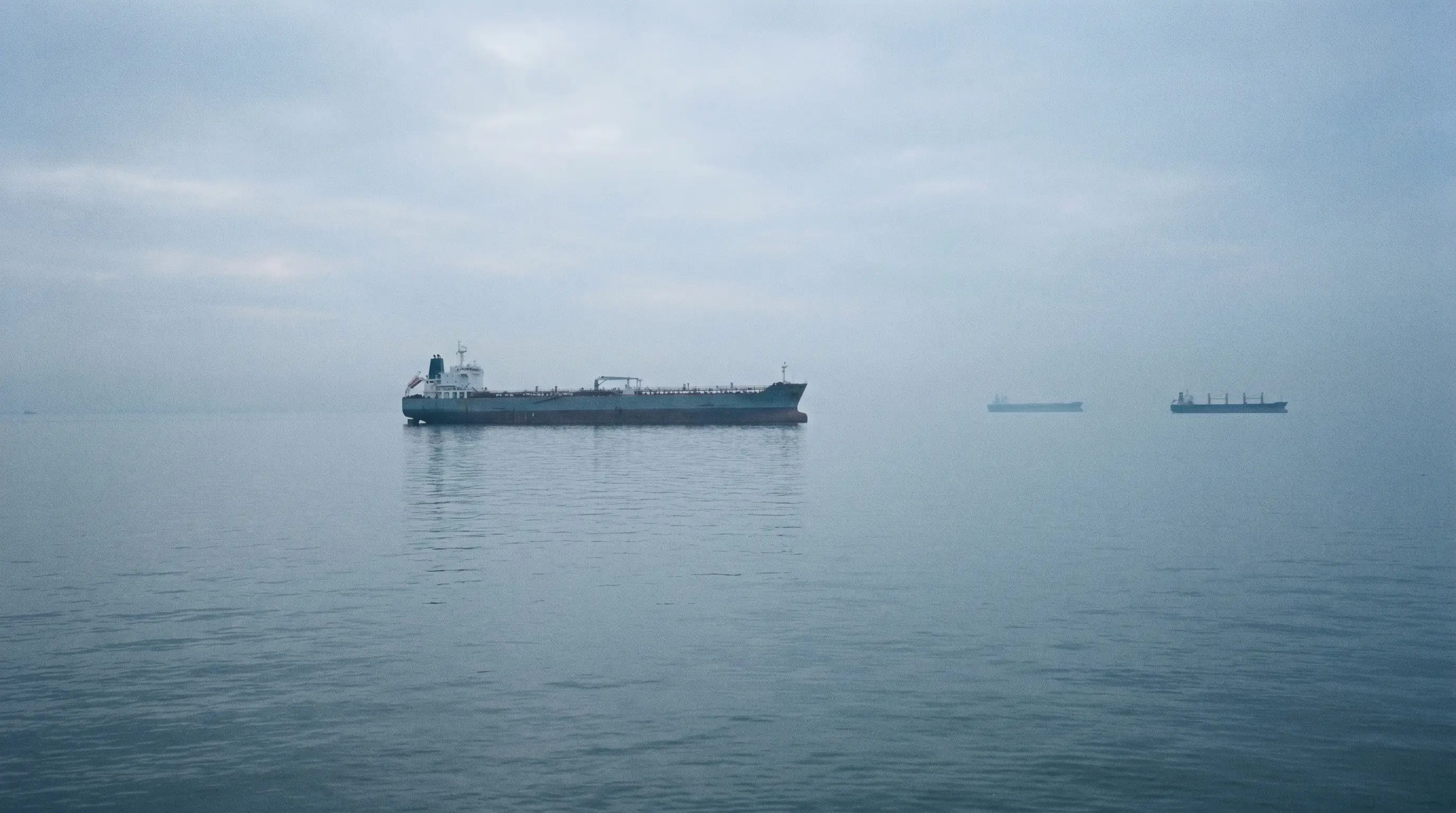 Cargo vessels at anchor in flat grey water, Gulf region, May 2026