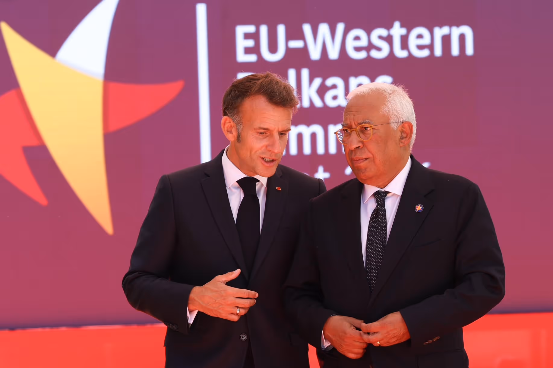 French President Macron in conversation with European Council President Costa at the EU–Western Balkans Summit, Tivat, 5 June 2026