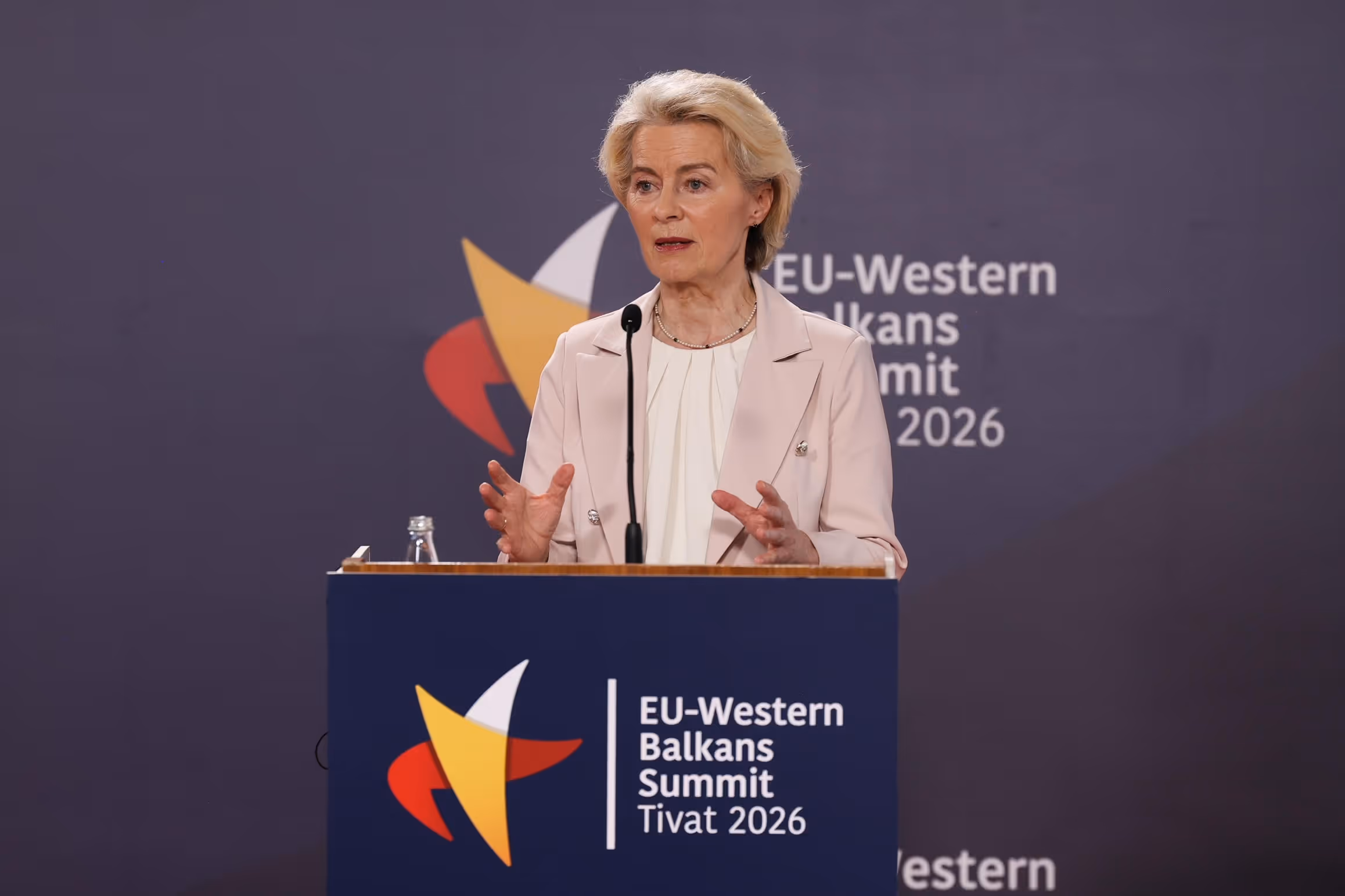 European Commission President Ursula von der Leyen speaking at the EU–Western Balkans Summit press conference, Tivat 2026 on the lectern, 5 June 2026 