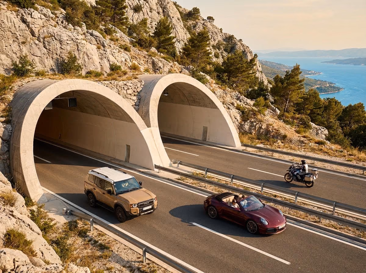 Twin-tube highway tunnel portal in limestone karst mountain, Montenegro coast