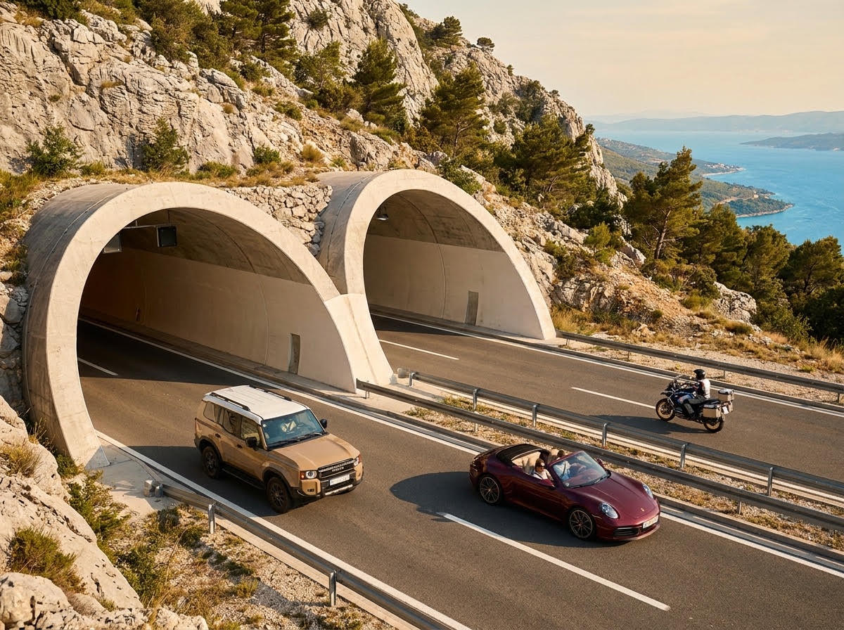 Twin-tube highway tunnel portal in limestone karst mountain, Montenegro coast