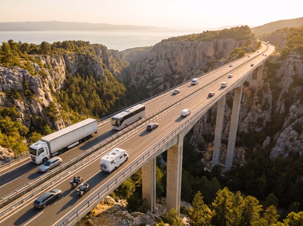 Highway viaduct with mixed traffic crossing limestone karst gorge on the Montenegrin coast  