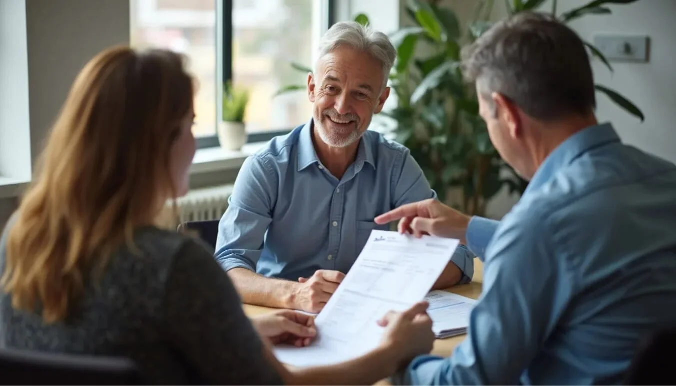 Veteran and specialist reviewing claim documents and discussing DVA payout estimates in a consultation setting.