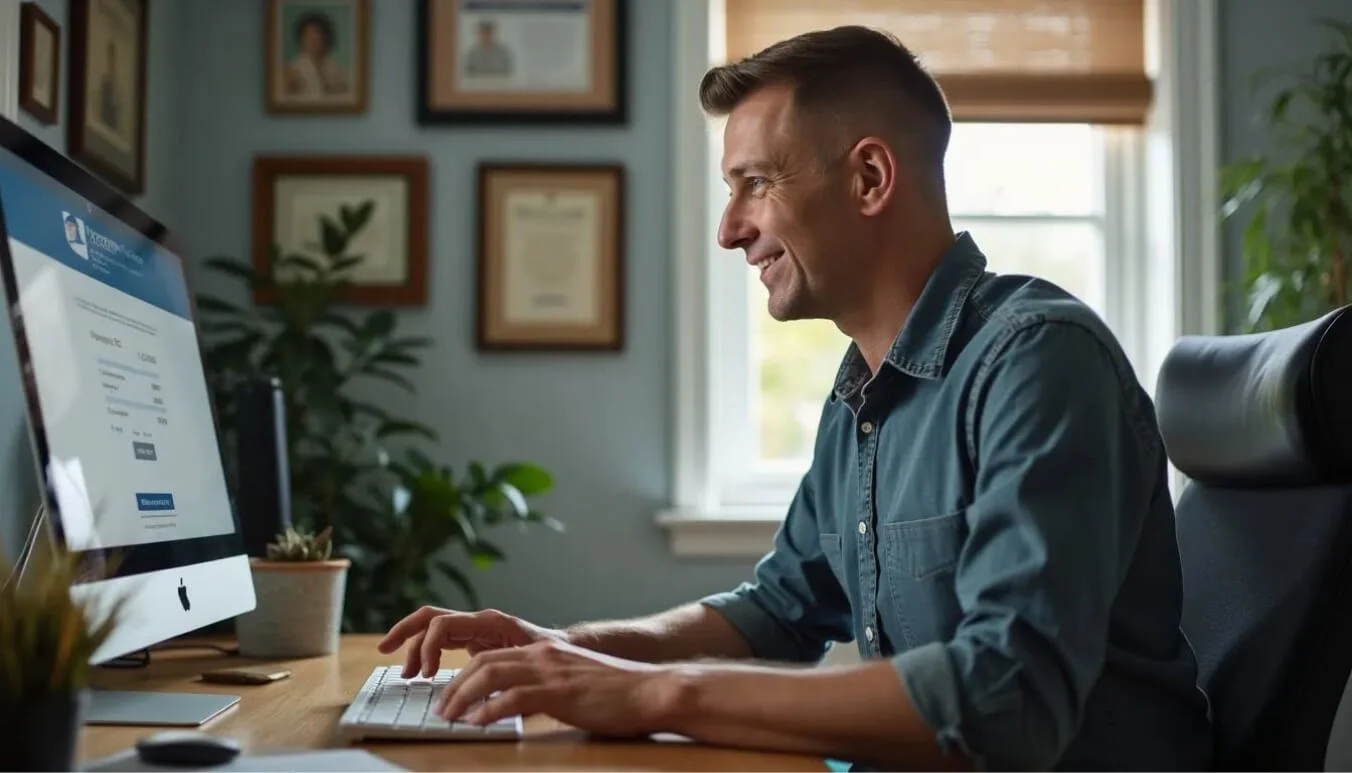 Veteran aged 30 to 40 using a computer to estimate compensation with the DVA payout calculator in a home office.