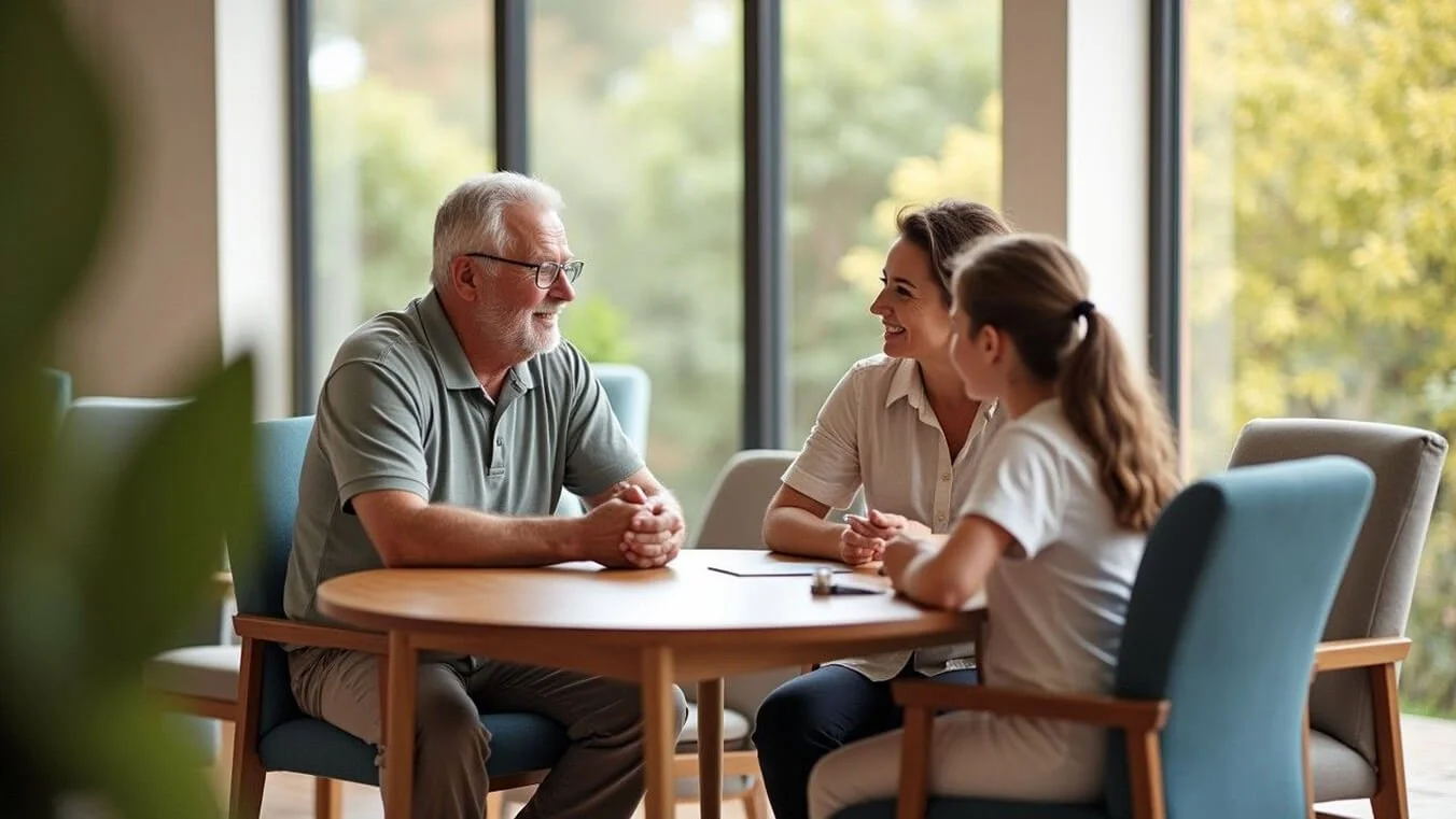 Veteran and family members visiting a modern Australian residential aged care facility supported by DVA.