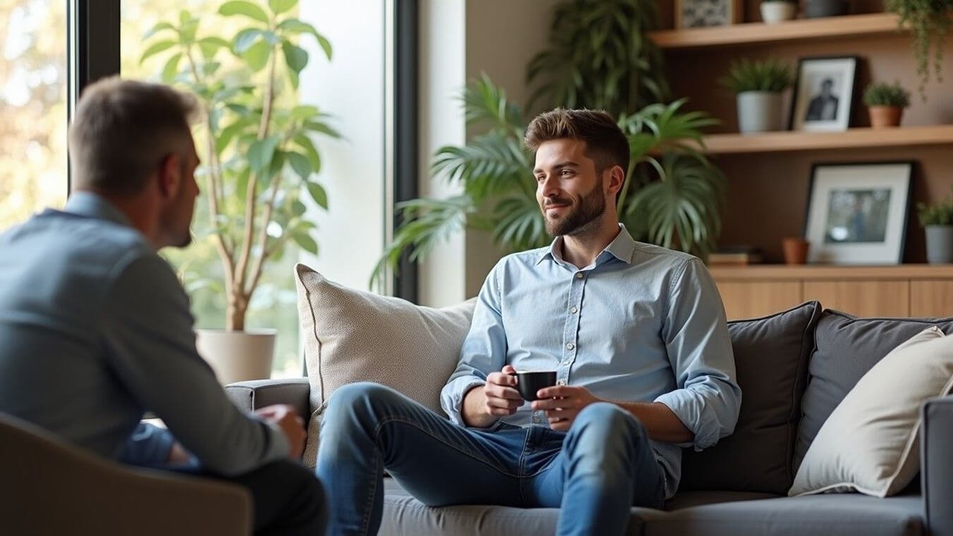 Australian veteran accessing mental health care programs through in-home counselling session.