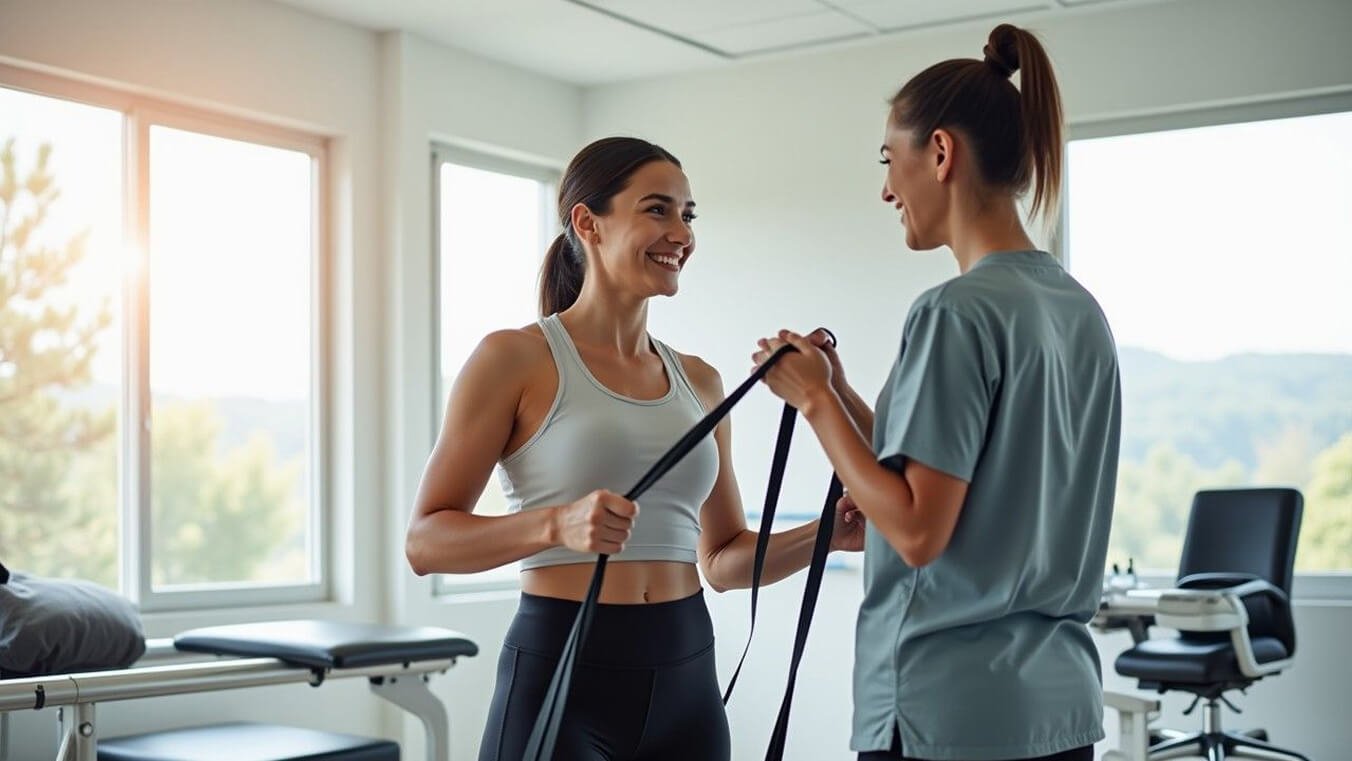 Young female veteran receiving DVA-funded physiotherapy rehabilitation at modern Australian clinic.