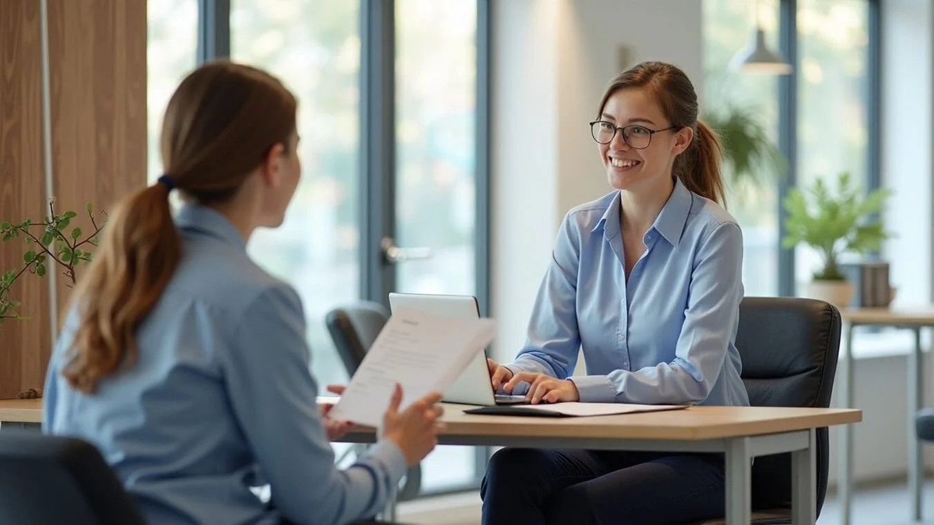 Female veteran meeting with DVA claims specialist to discuss ADF discharge entitlements and permanent impairment compensation.