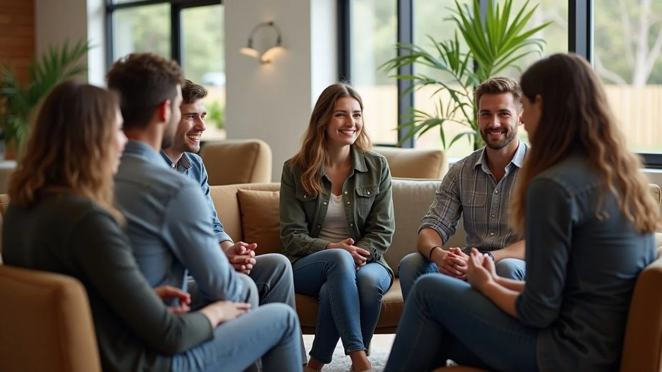 Diverse group of young Australian veterans participating in alcohol use disorder support group therapy session.