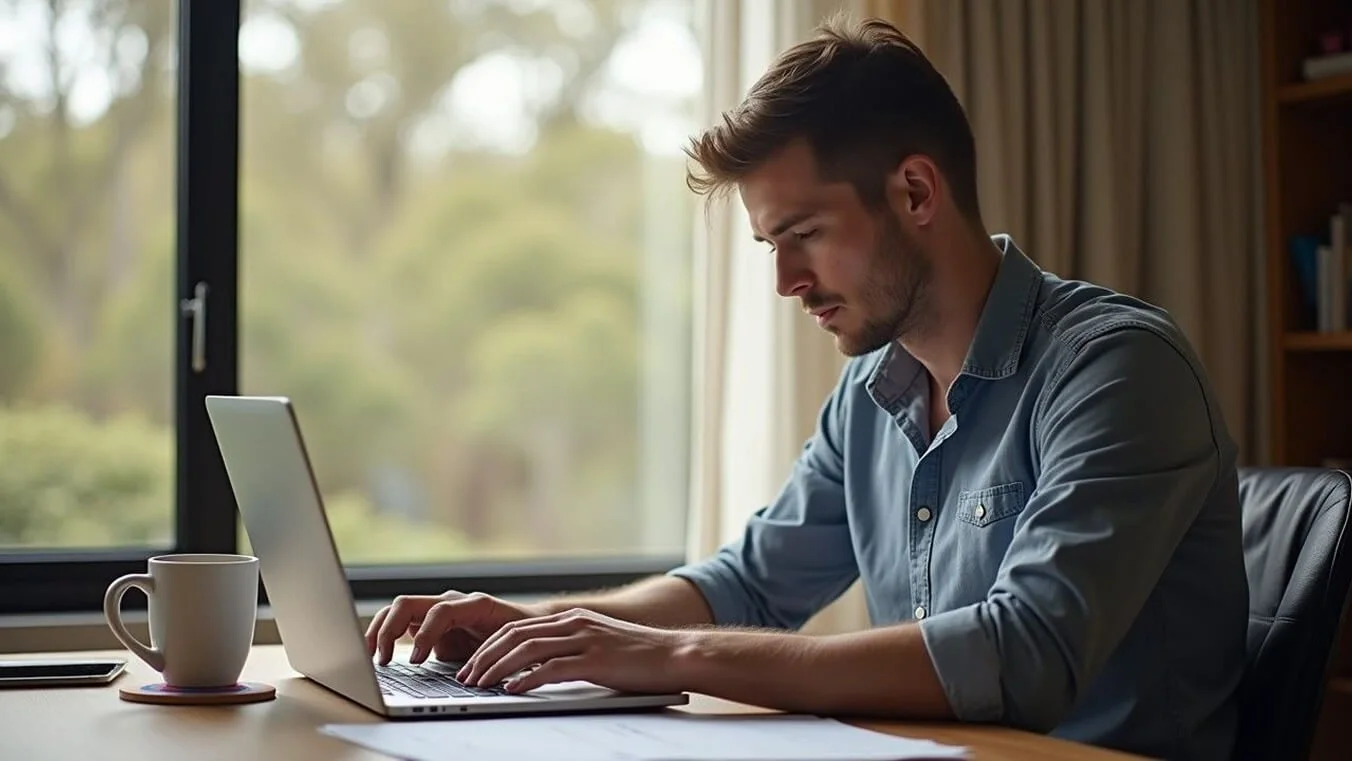 Young Australian veteran completing DVA alcohol use disorder compensation claim forms at home.