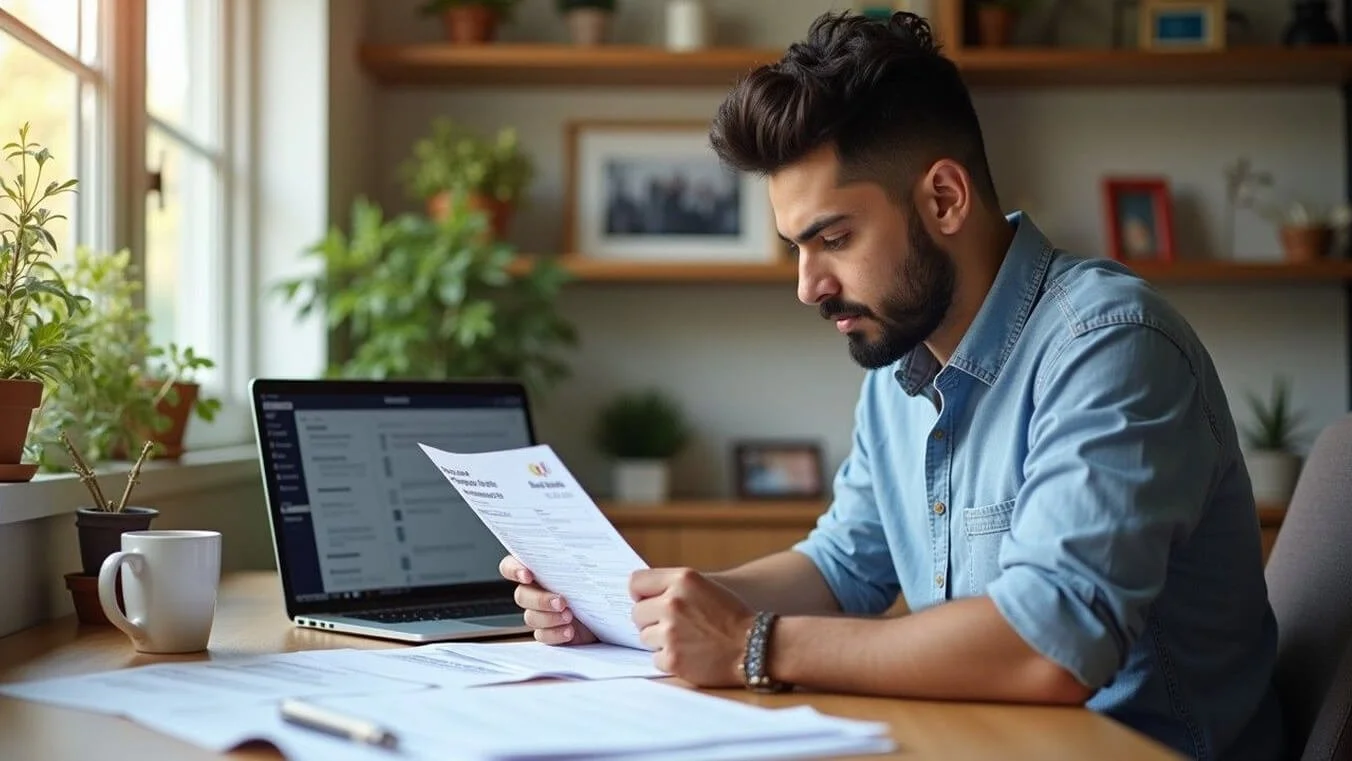 Young Australian veteran preparing DVA rotator cuff syndrome claim documentation at home office.