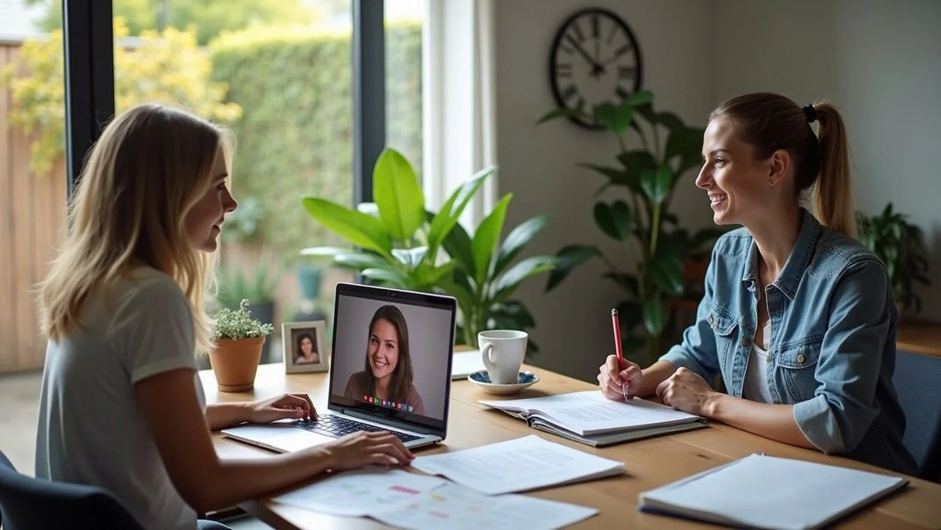 Female veteran consulting with DVA claims specialist via video call from Australian home.