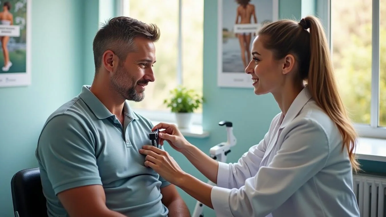 Young Australian veteran receiving professional skin cancer examination from dermatologist in modern medical clinic.