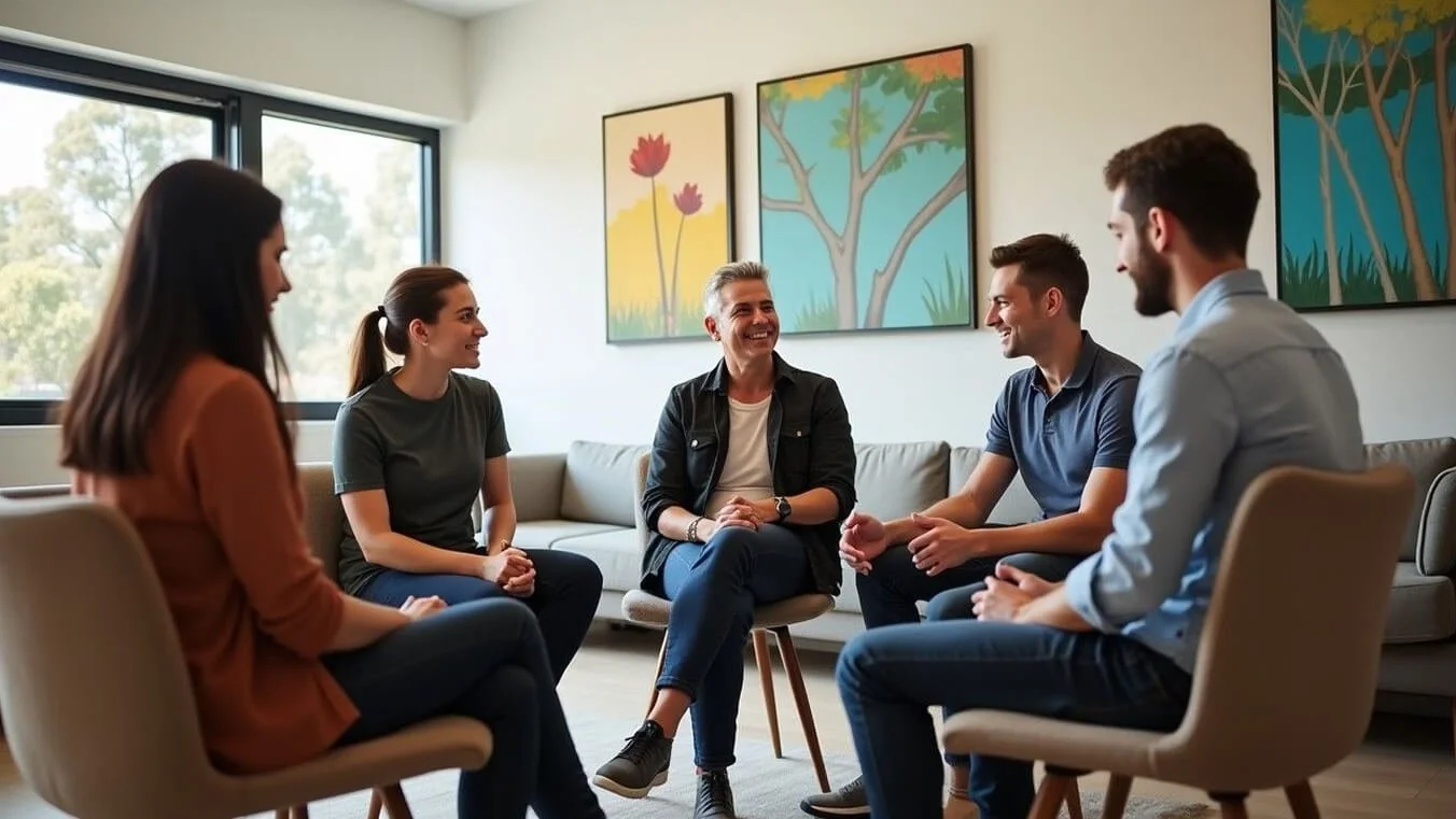 Diverse group of young Australian veterans participating in adjustment disorder support group.