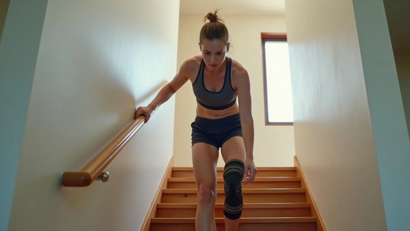 Female veteran with knee injury carefully descending stairs, demonstrating lifestyle impact for DVA assessment.