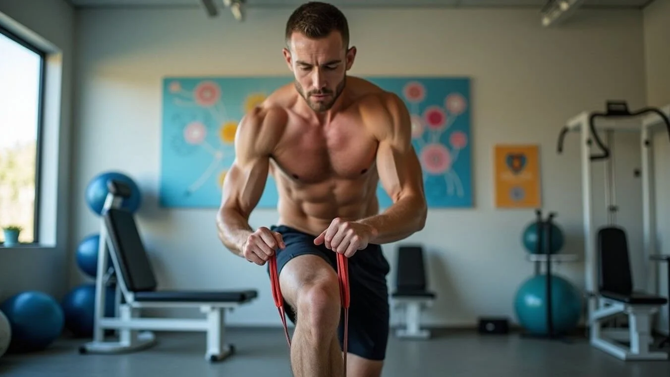 Young male veteran performing knee rehabilitation exercises for DVA permanent impairment recovery.
