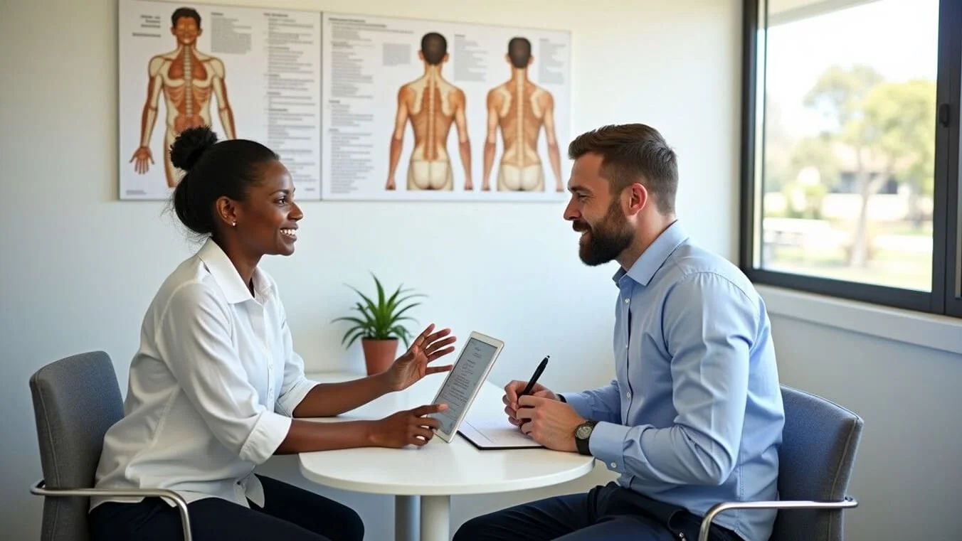 Veteran undergoing DVA cervical spondylosis impairment assessment with medical practitioner.