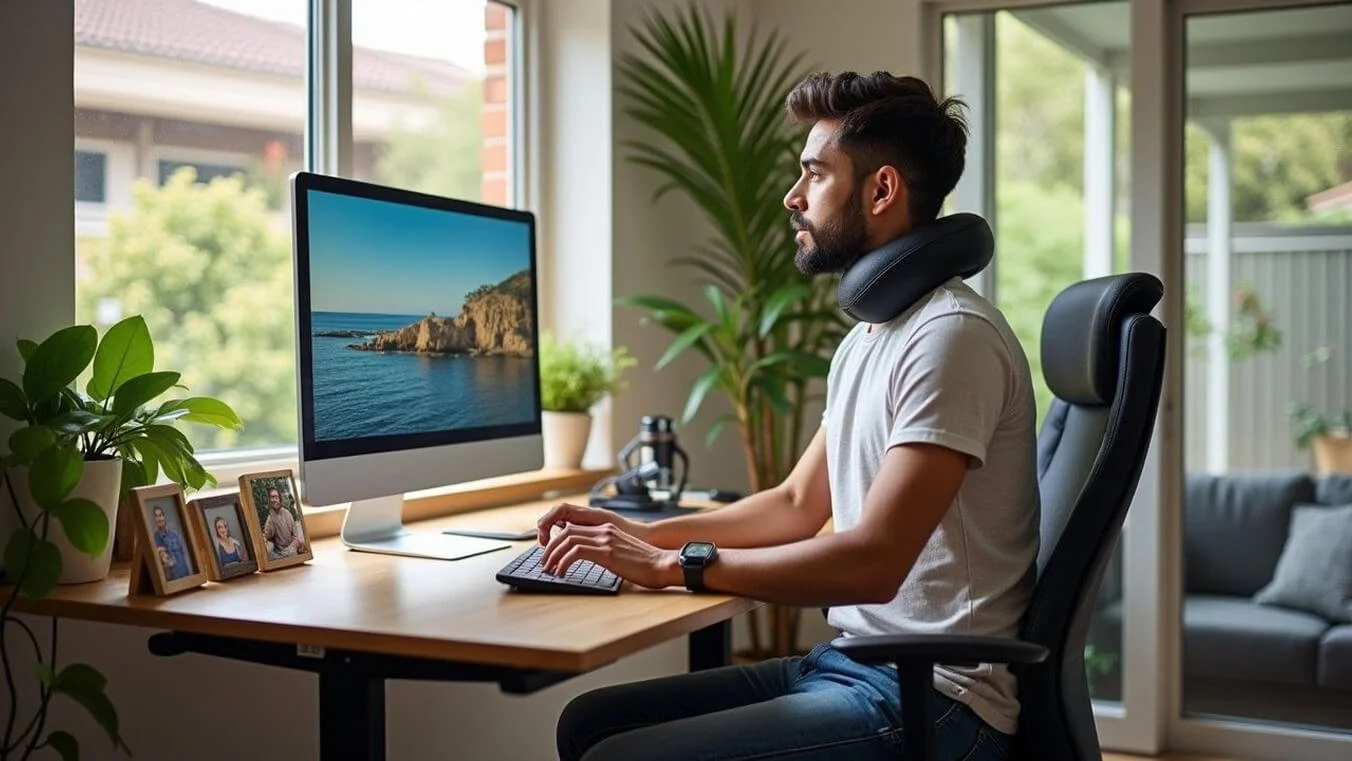 Australian veteran managing cervical spondylosis with ergonomic home workspace adaptations.