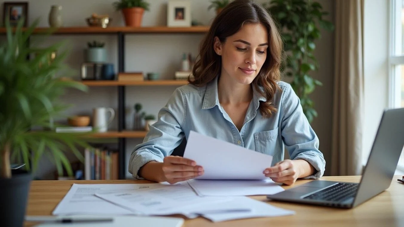 Female veteran preparing DVA bullying claim documentation at home.