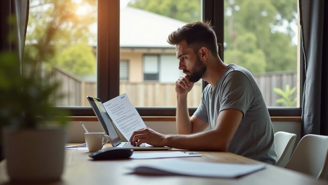 Young Australian veteran calculating DVA PTSD compensation amounts at home, reviewing financial documents.