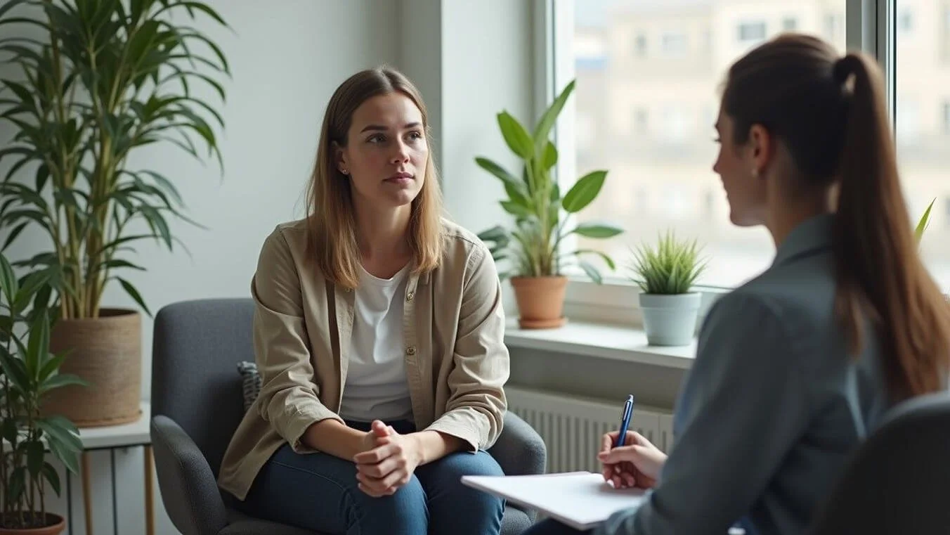 Female Australian veteran undergoing PTSD impairment assessment with psychiatrist in modern medical clinic.
