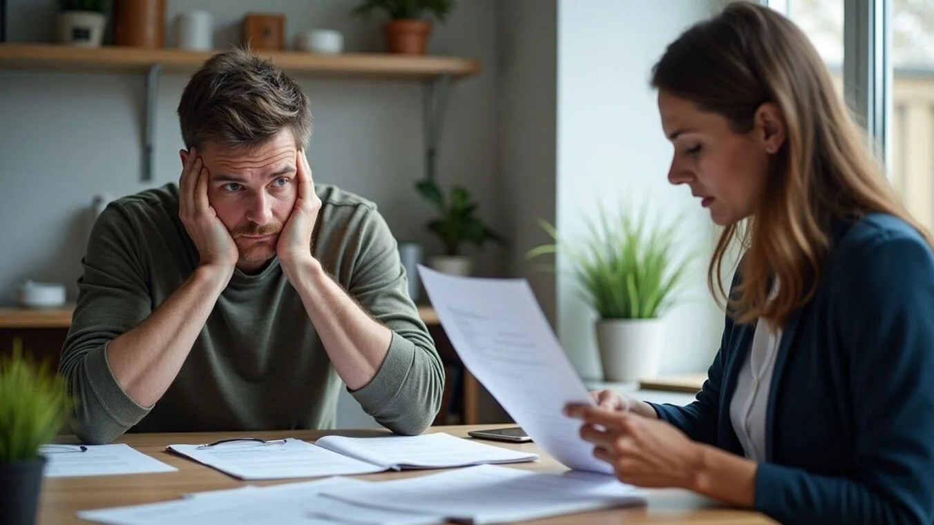 Veteran struggling with paperwork while receiving help from a claims specialist.