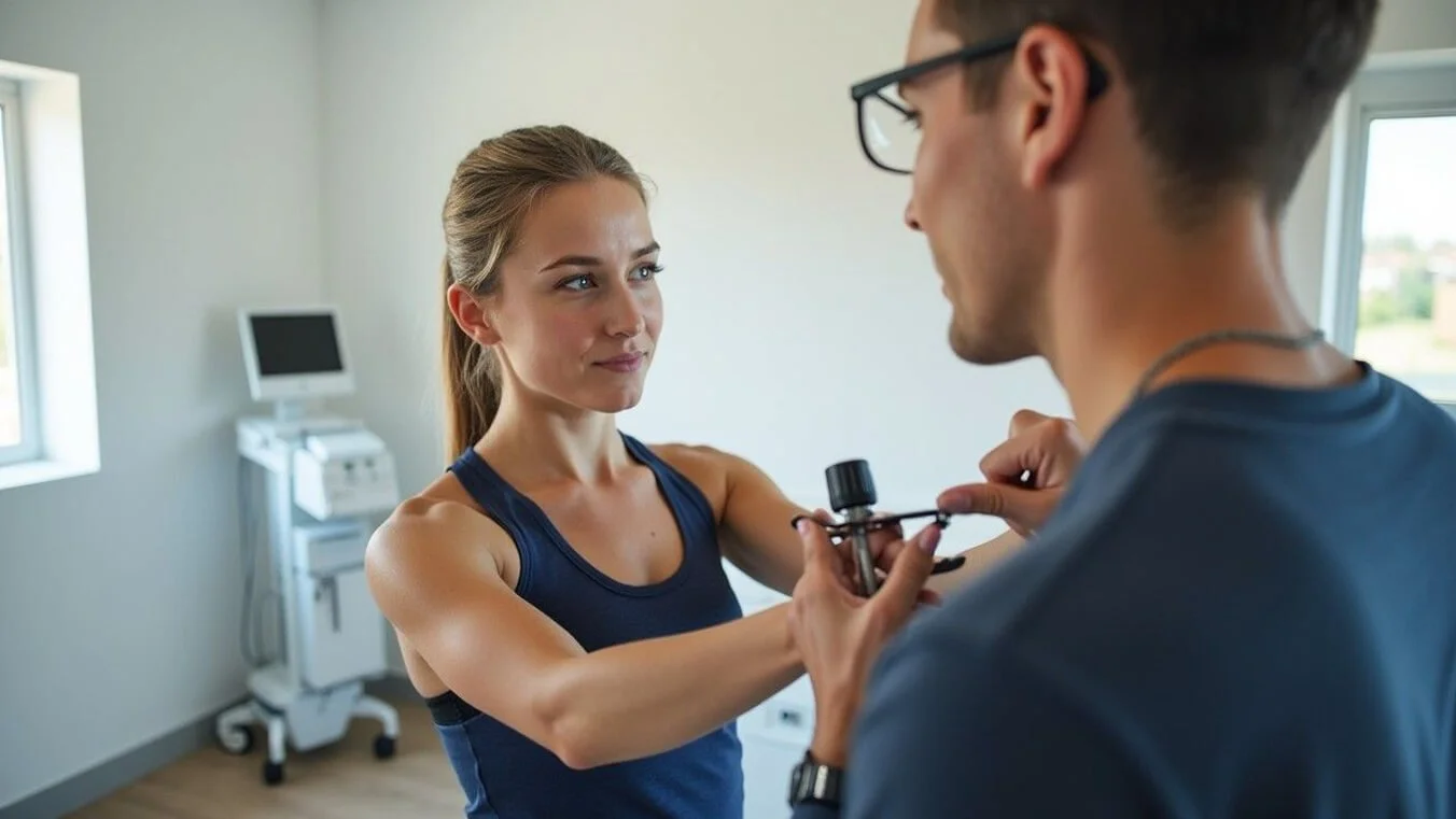 Female veteran undergoing thoracic spine range of motion assessment for DVA impairment points.