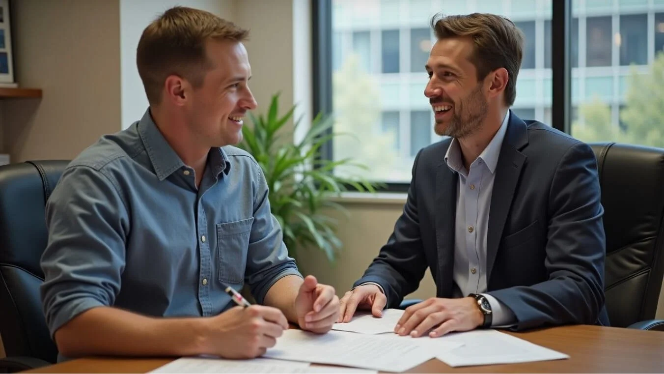 A young male veteran working with a Veterans First consultant to apply for the DVA Gold Card, in a supportive office environment.