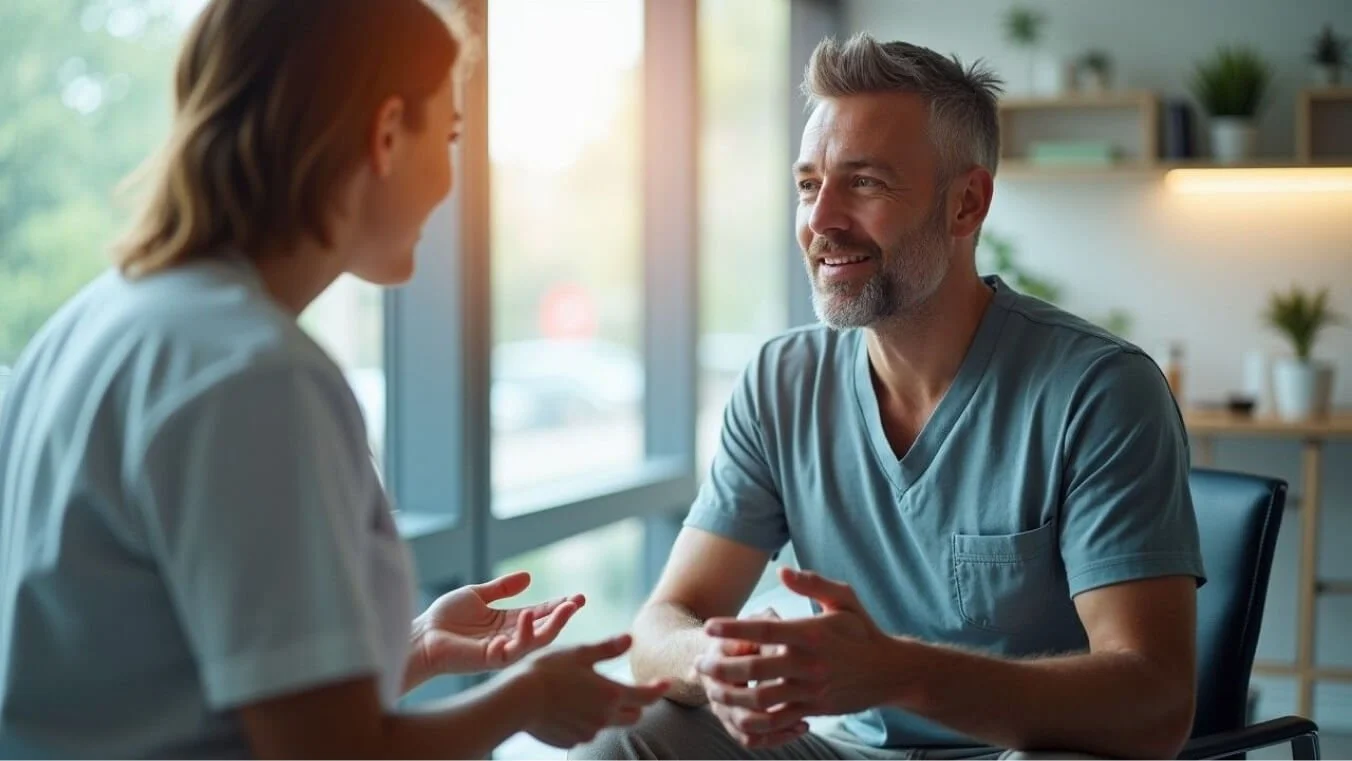 A young male veteran receiving medical care through the DVA Gold Card at a modern clinic, with a supportive healthcare professional.