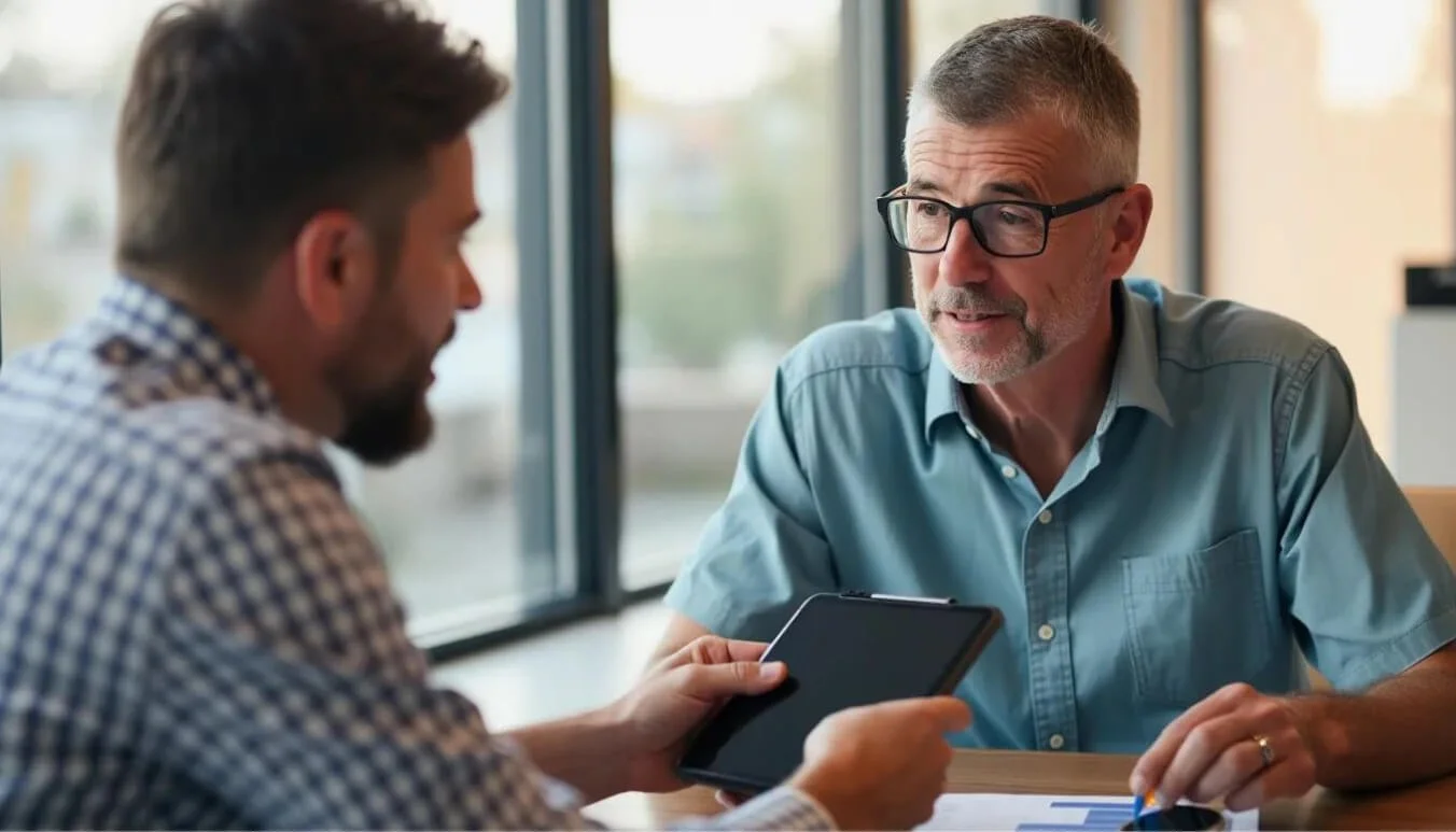 Veteran consulting with a DVA specialist in an office to review the status of their impairment points claim.