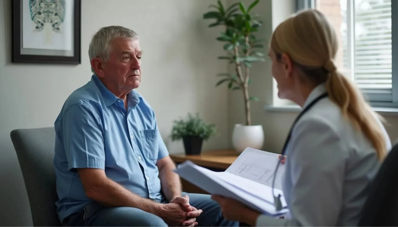 Veteran receiving medical assessment for DVA impairment points, discussing condition with a healthcare provider.