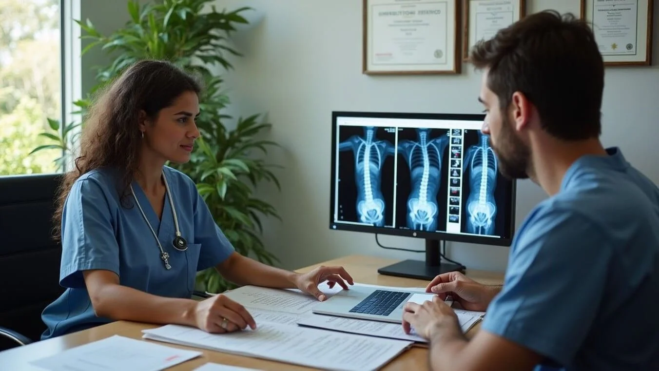 Young Australian male veteran reviewing lumbar spondylosis medical evidence and diagnostic imaging with healthcare provider for DVA claim documentation.