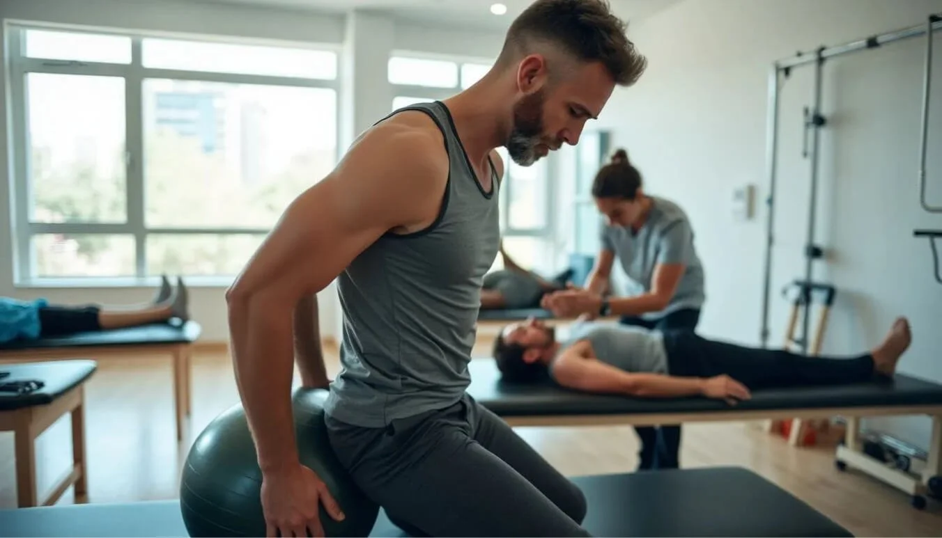 Veteran receiving physiotherapy for lumbar spondylosis in a rehabilitation centre.