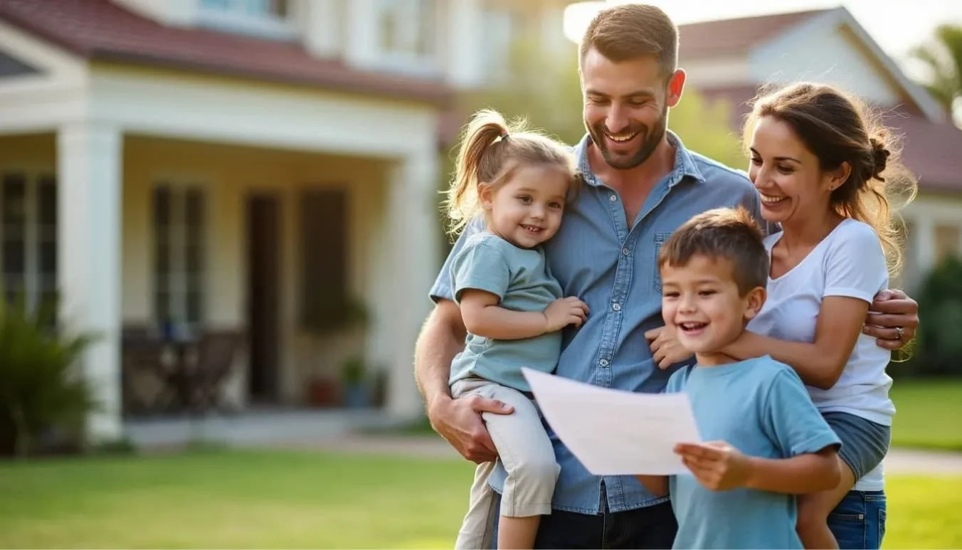 Happy young veteran family reviewing DVA compensation documents outside their Australian home