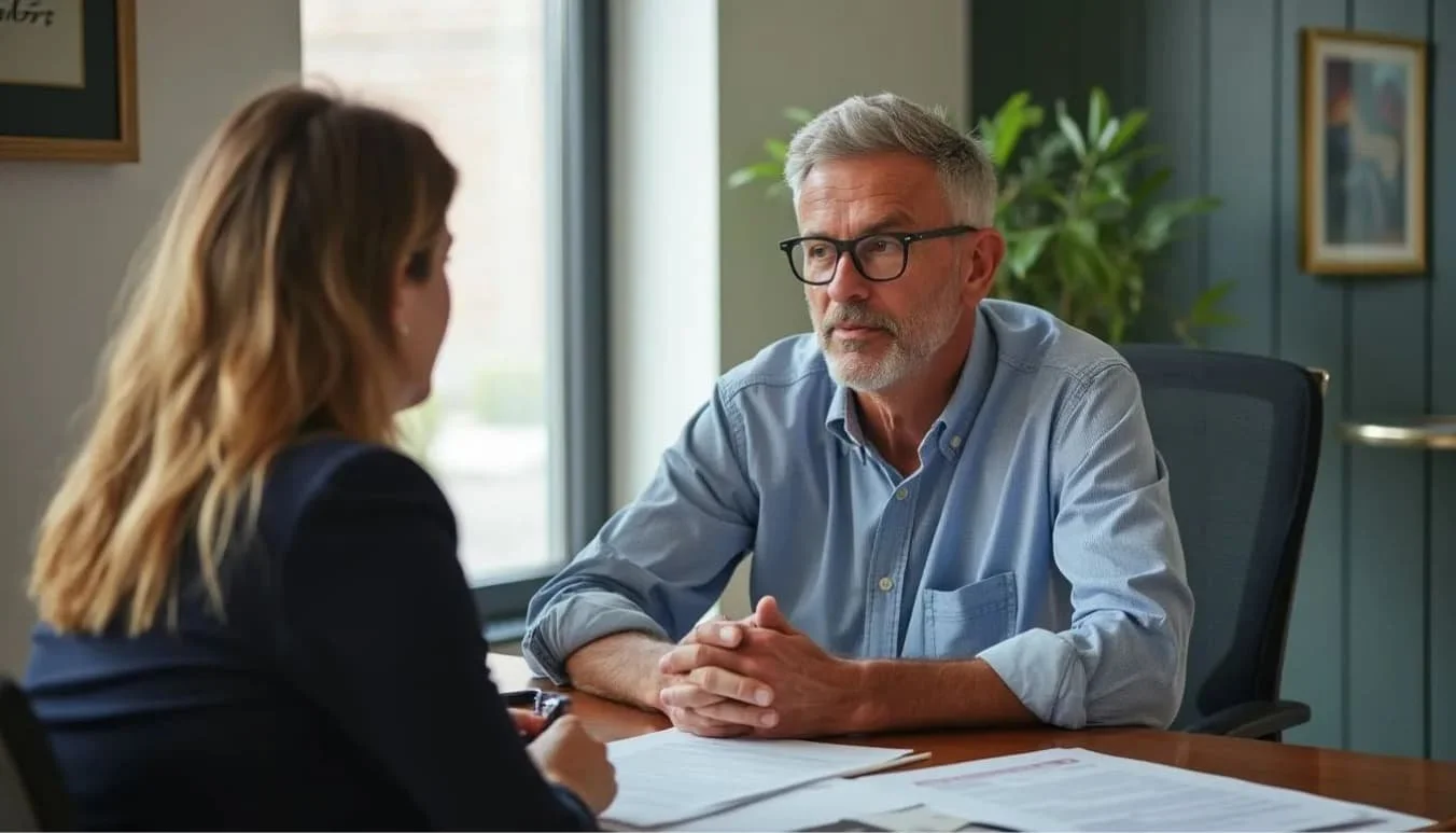 Professional consultation between two people at office desk reviewing documents together