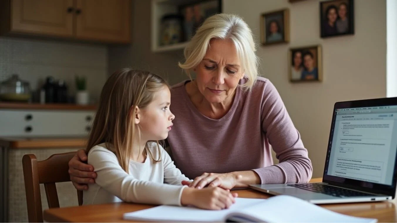 War widow and child reviewing new pension rates for families, feeling reassured by financial support.