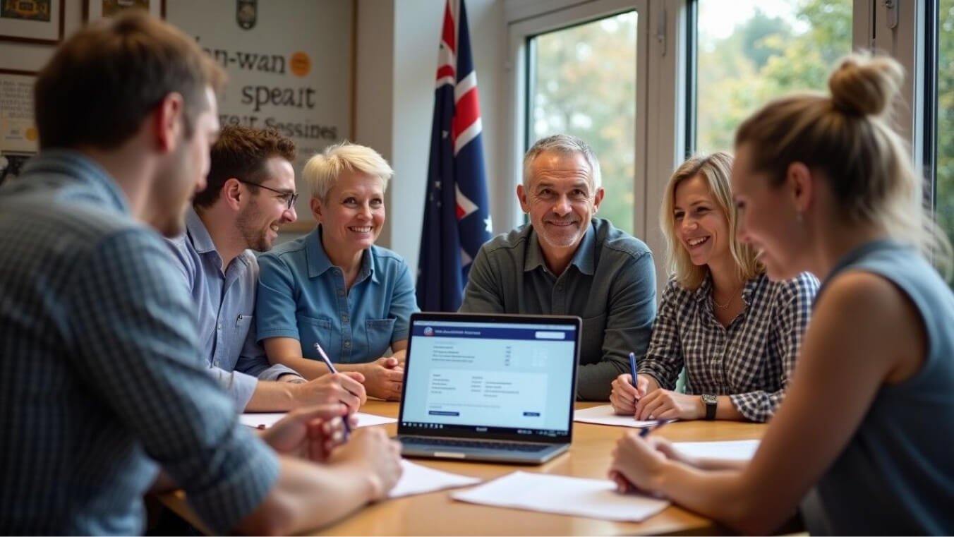 A diverse group of veterans sits at a table in a support centre, discussing DVA pension benefits with an adviser presenting information on a laptop.