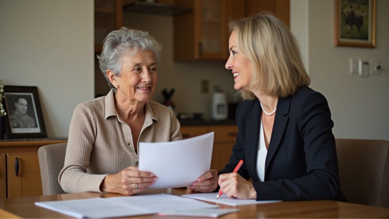 A middle-aged widow holding a letter from the DVA sits at her kitchen table with a financial adviser, discussing benefits.